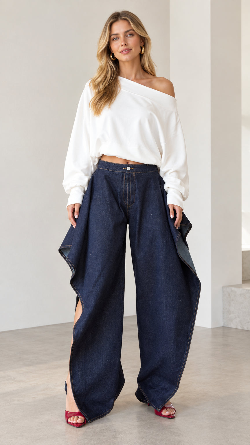 Front full view of women wearing dark blue draped wide-leg denim pants paired with a white off-shoulder top
