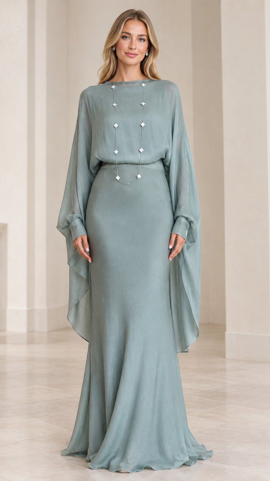 Front view of model wearing sage green draped cape-sleeve maxi evening dress