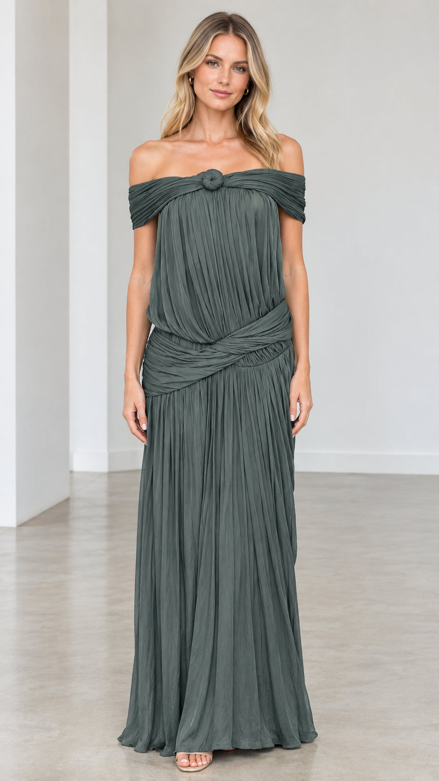 Front view of model wearing Sage Green off-shoulder pleated maxi dress