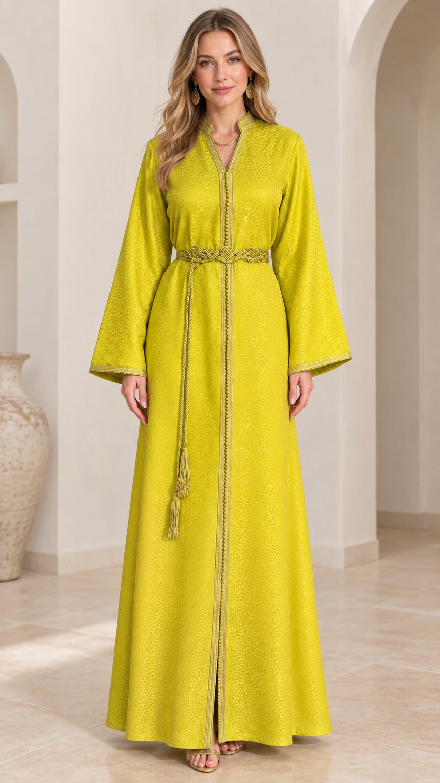 Front full view of woman wearing Lime Green textured Moroccan kaftan maxi dress with braided tassel belt