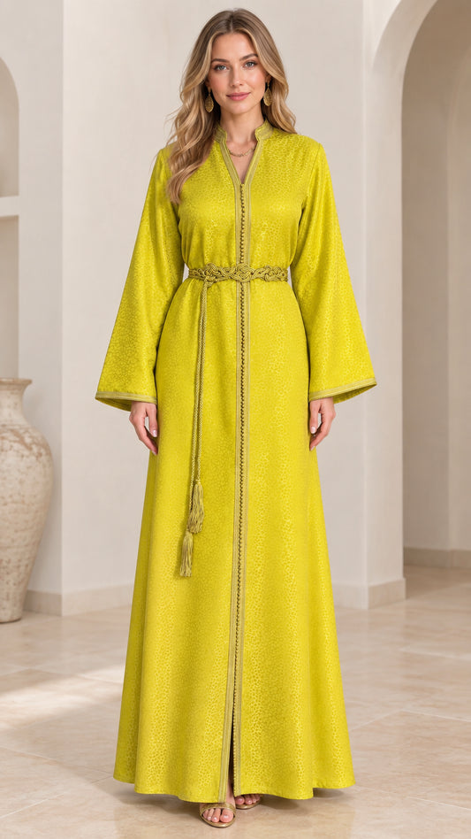 Front full view of woman wearing Lime Green textured Moroccan kaftan maxi dress with braided tassel belt