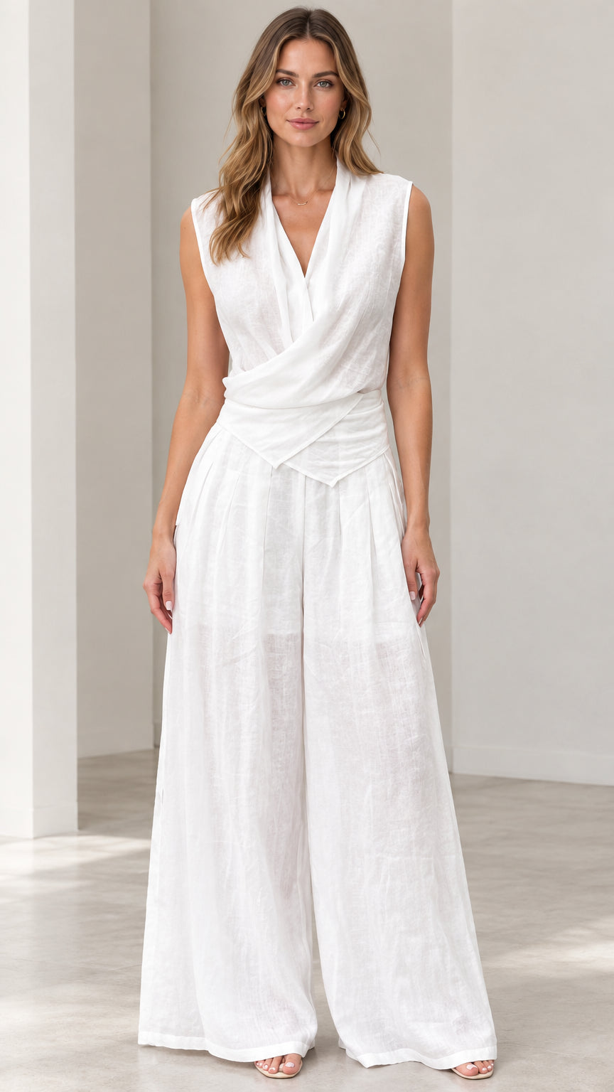 Front view of woman wearing white sleeveless draped V-neck wide-leg jumpsuit