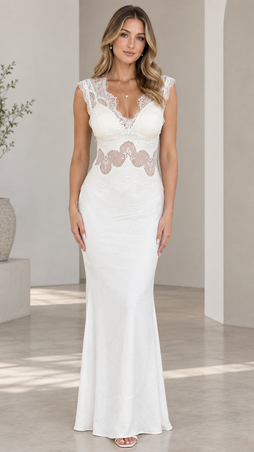White sleeveless eyelash lace mermaid maxi evening dress front view