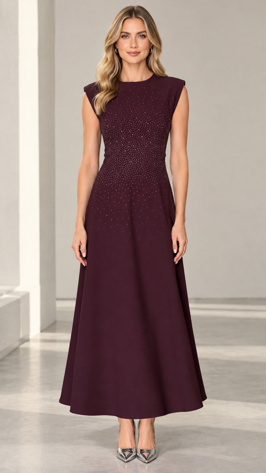 Burgundy cap sleeve rhinestone embellished A-line maxi dress front view