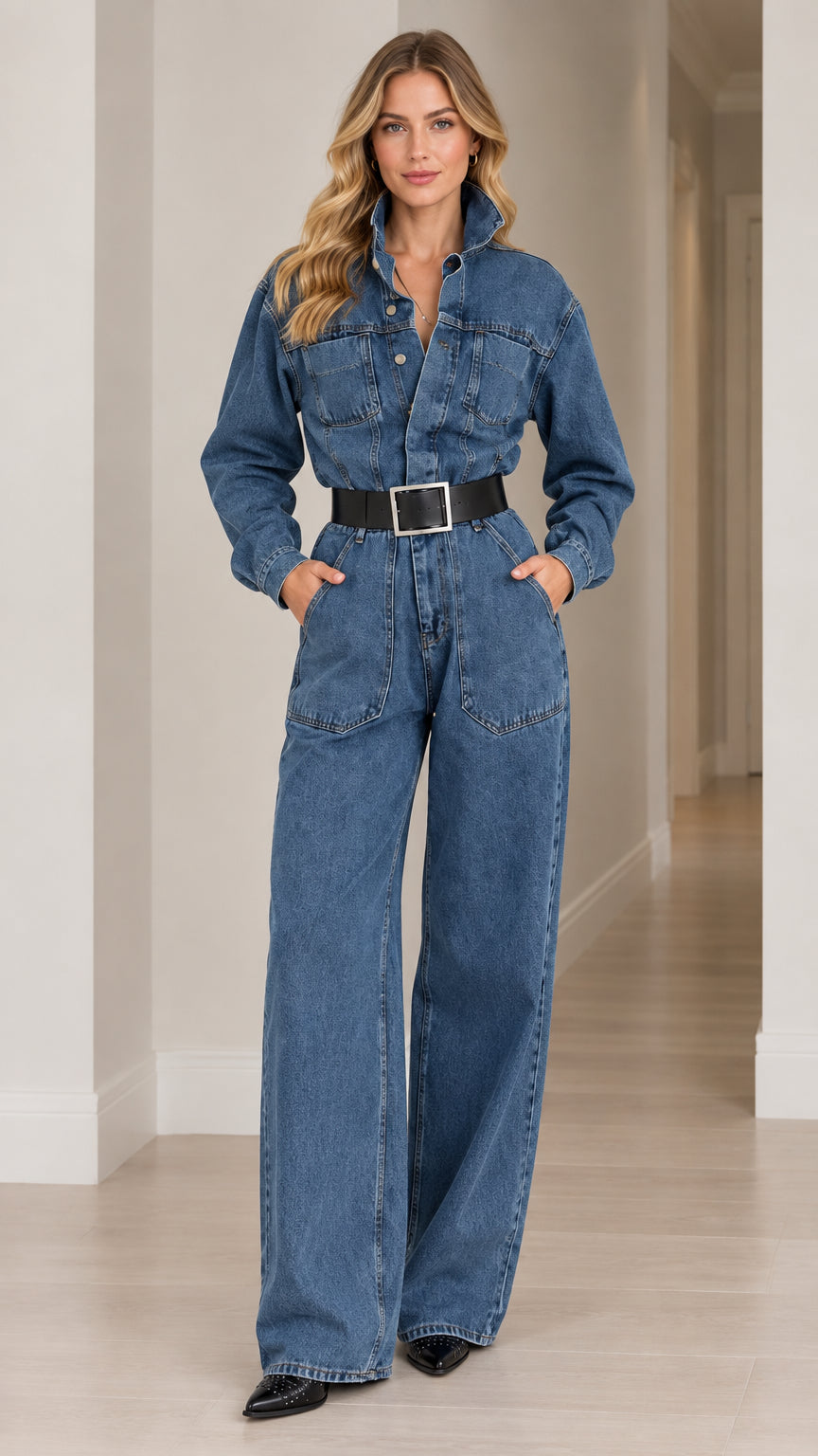Front full-length view of woman wearing medium blue long sleeve wide leg denim jumpsuit with black belt