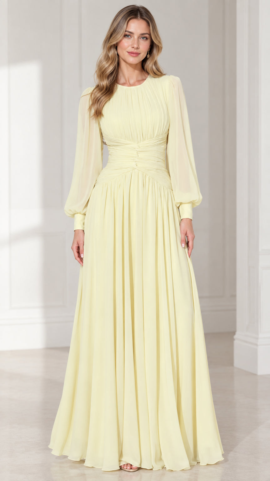 Full front view of pale yellow long sleeve pleated chiffon maxi dress