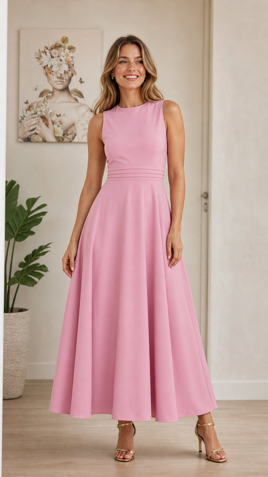 Model wearing pink sleeveless A-line midi dress front view