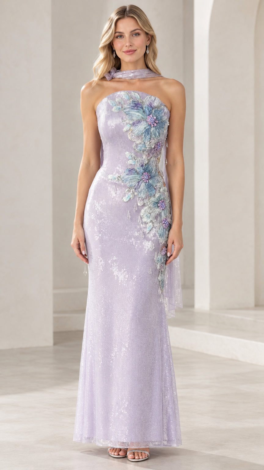 Front view of model wearing lavender strapless sequin evening gown with 3D floral appliqué