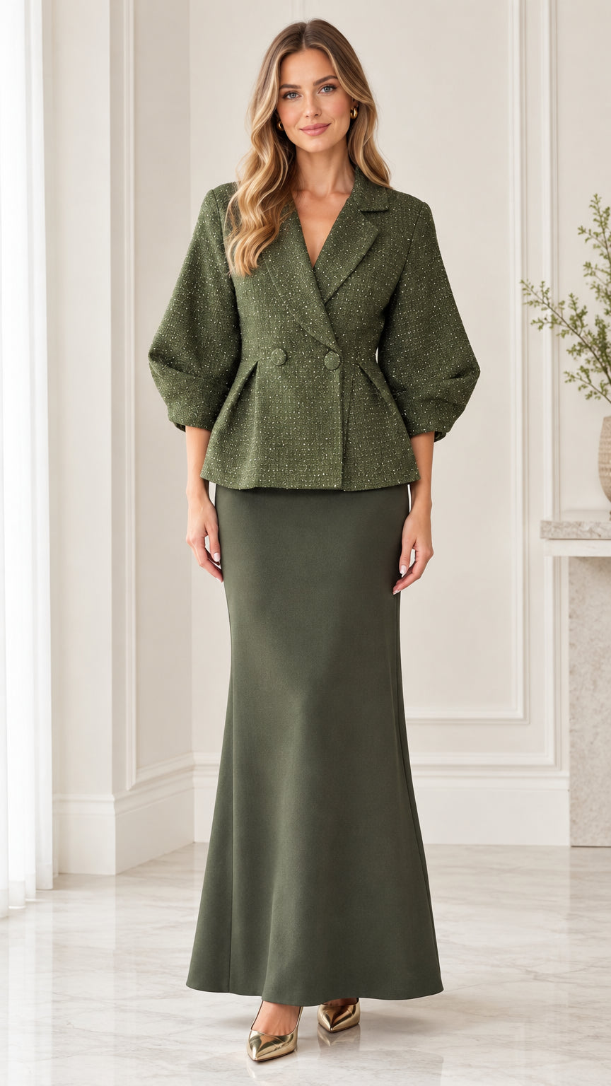 Front view of woman wearing olive green tweed peplum blazer and maxi skirt set