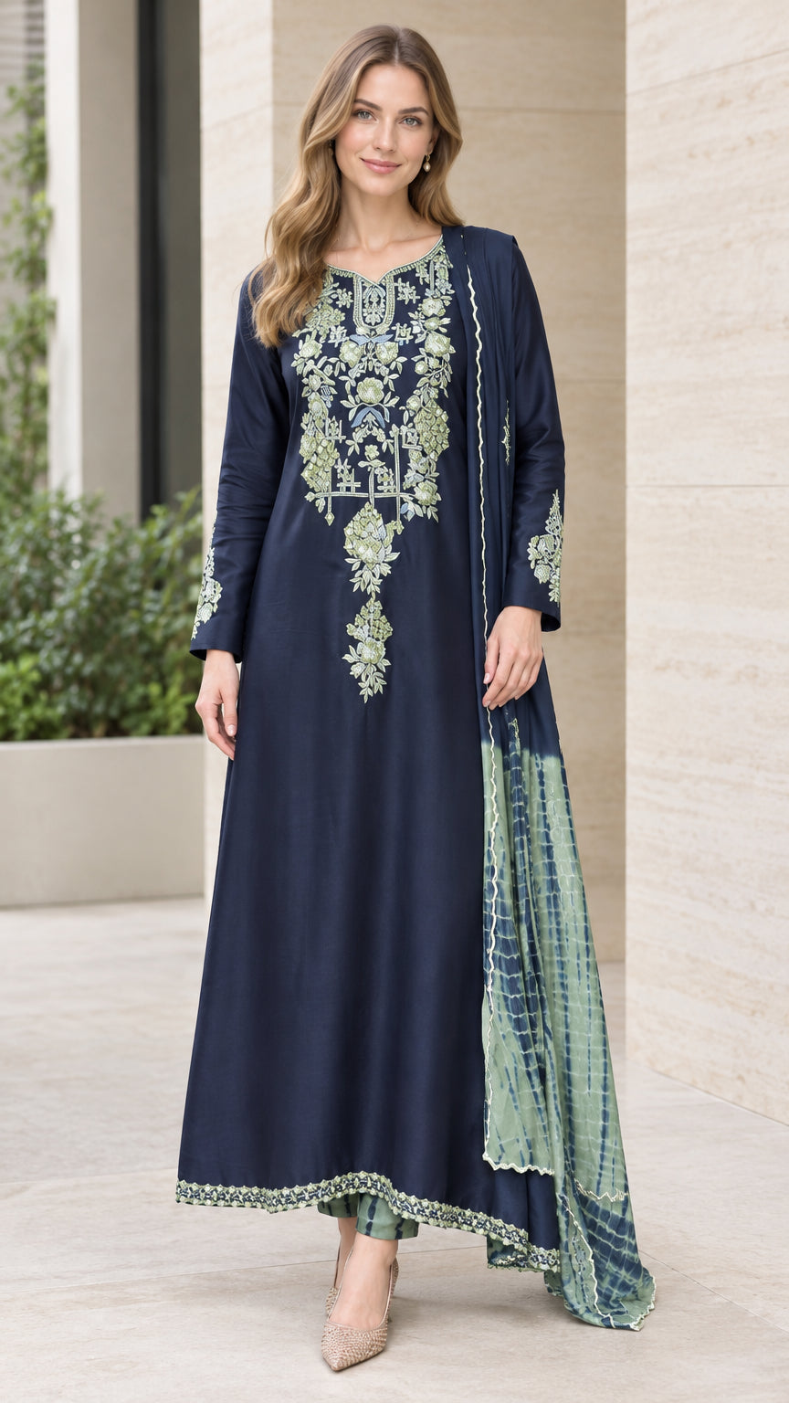 Front view of woman wearing Navy Blue embroidered 3-piece kurta set with matching dupatta and pants