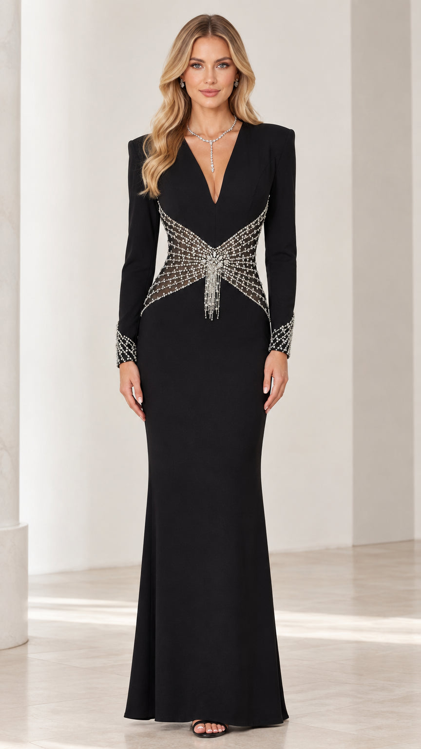 Front view of black long sleeve evening gown with deep V-neck and rhinestone embellished waist