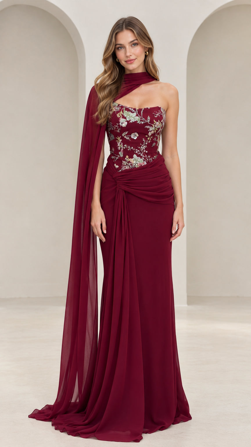 Front view of woman wearing burgundy floral embroidered evening gown with draped shoulder cape