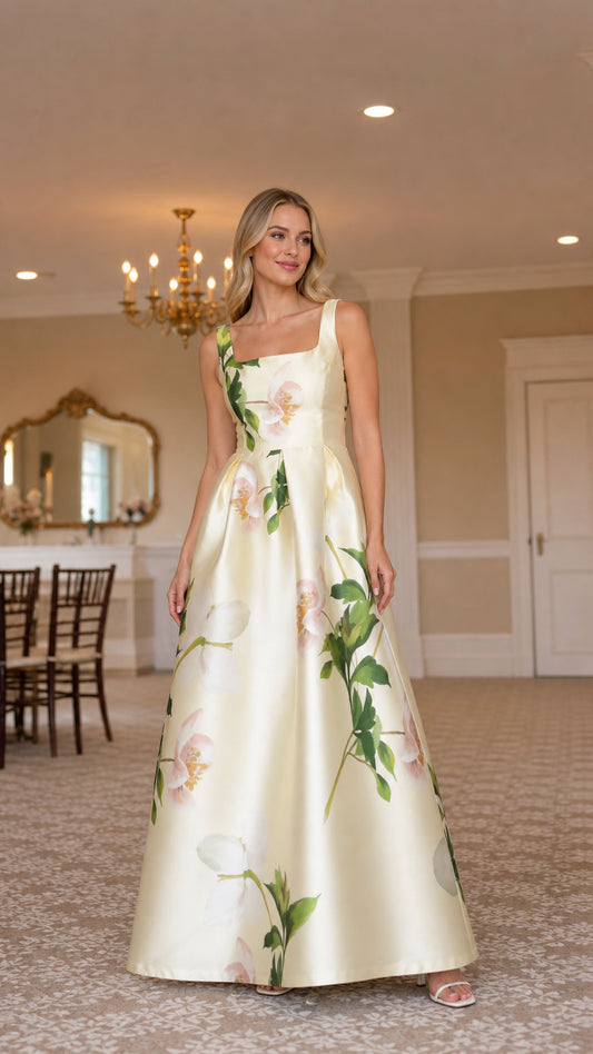 Ivory floral satin-look maxi dress shown from the front