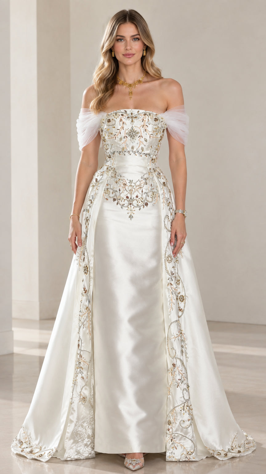 Full front view of model wearing ivory embroidered satin off-the-shoulder evening gown