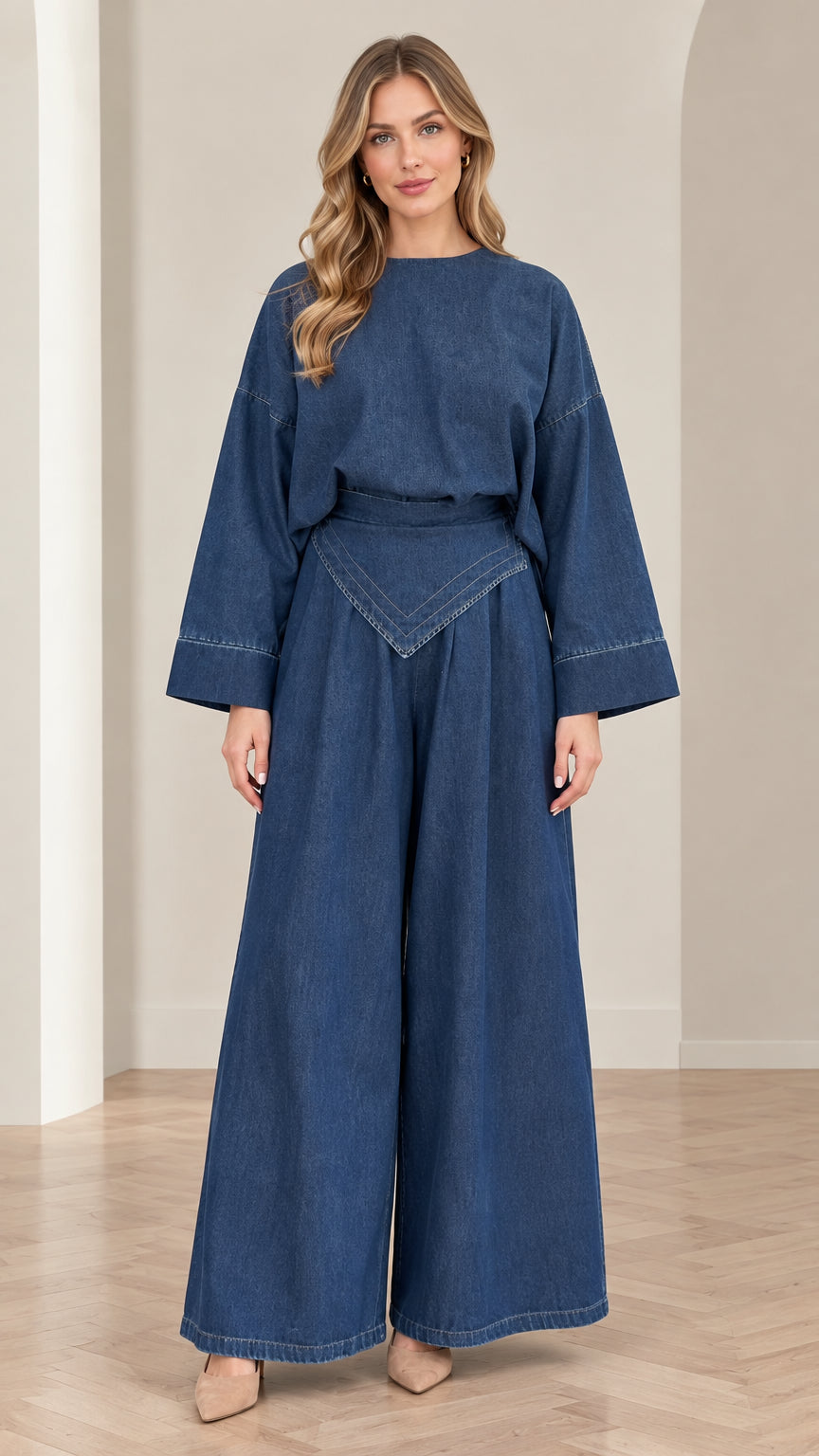 Women's denim blue two-piece set with relaxed top and wide-leg pants front view