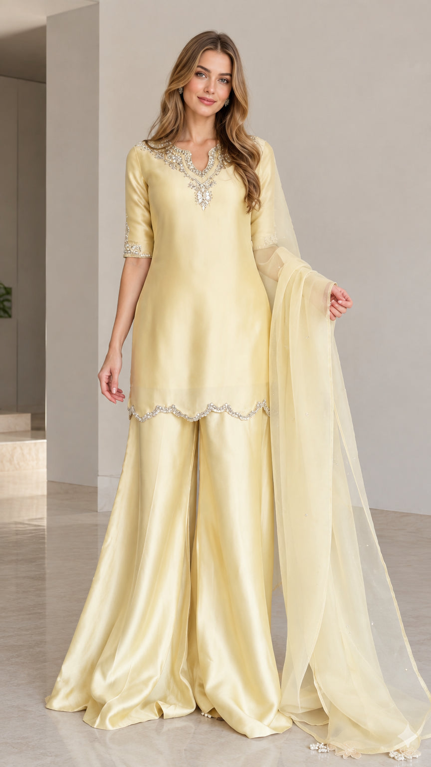 Front view of woman wearing lemon yellow embellished kurta and wide-leg sharara pants with dupatta