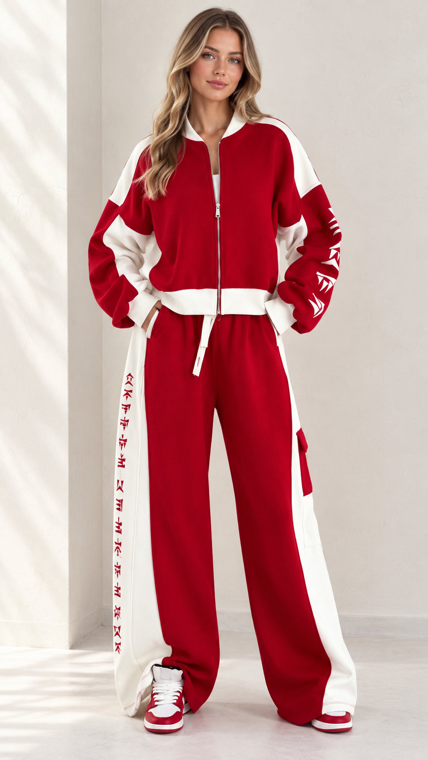 Full front view of model wearing women's red and white colorblock zip-up tracksuit set with wide leg pants