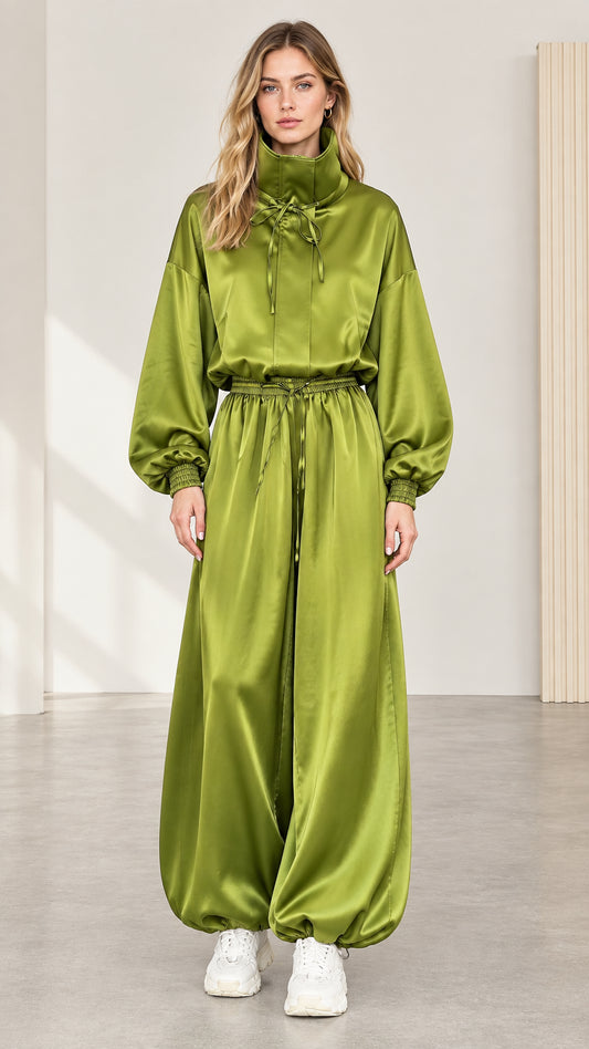 Full front view of model wearing olive green satin high neck jumpsuit with balloon legs