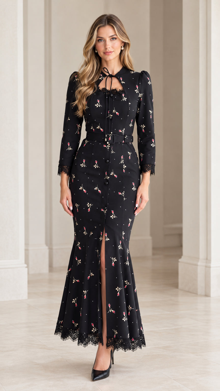 Model wearing black floral lace-trim keyhole mermaid maxi dress with belt, front view