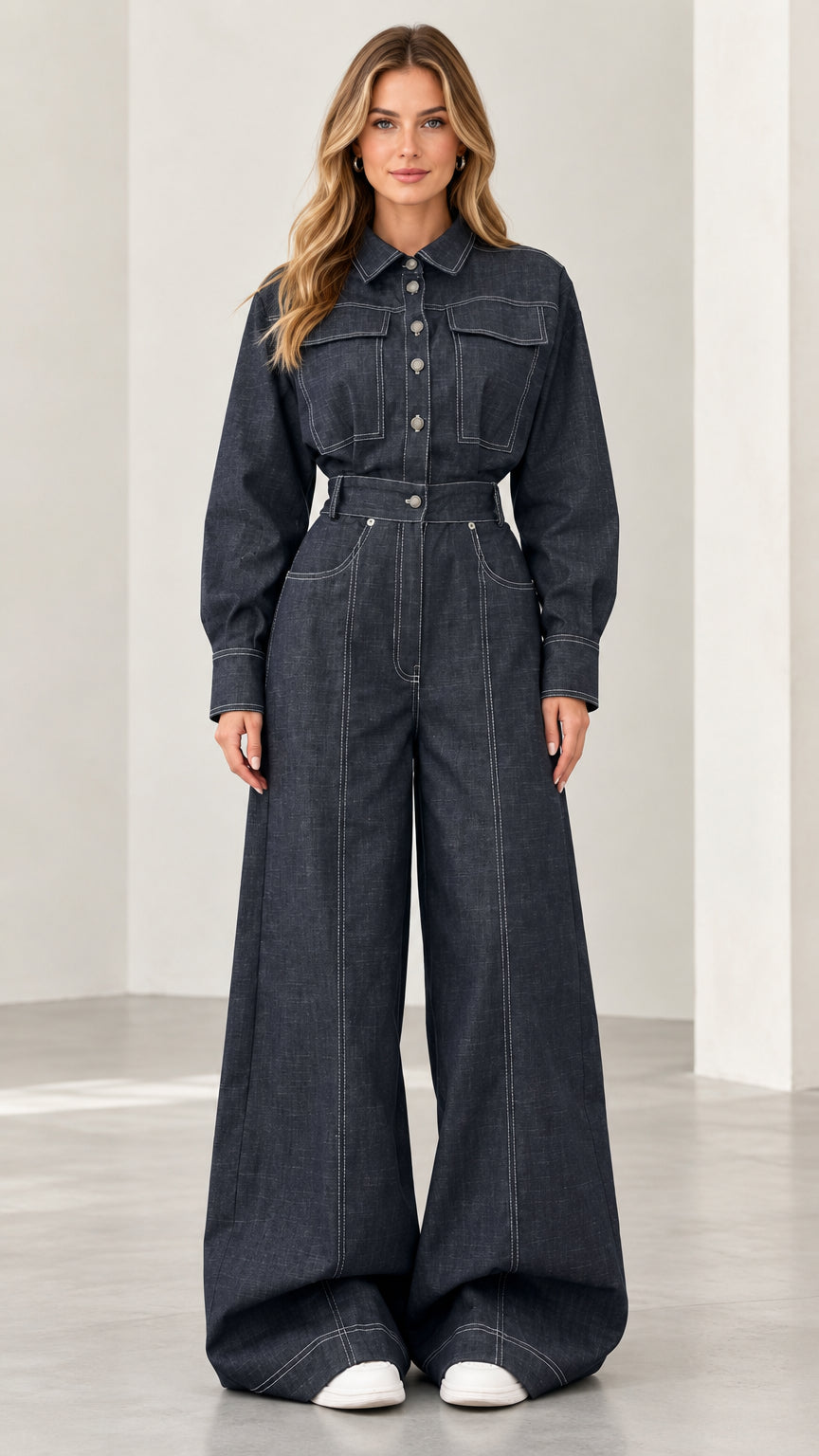 Full front view of model wearing dark blue long sleeve wide leg denim jumpsuit with contrast stitching and belt