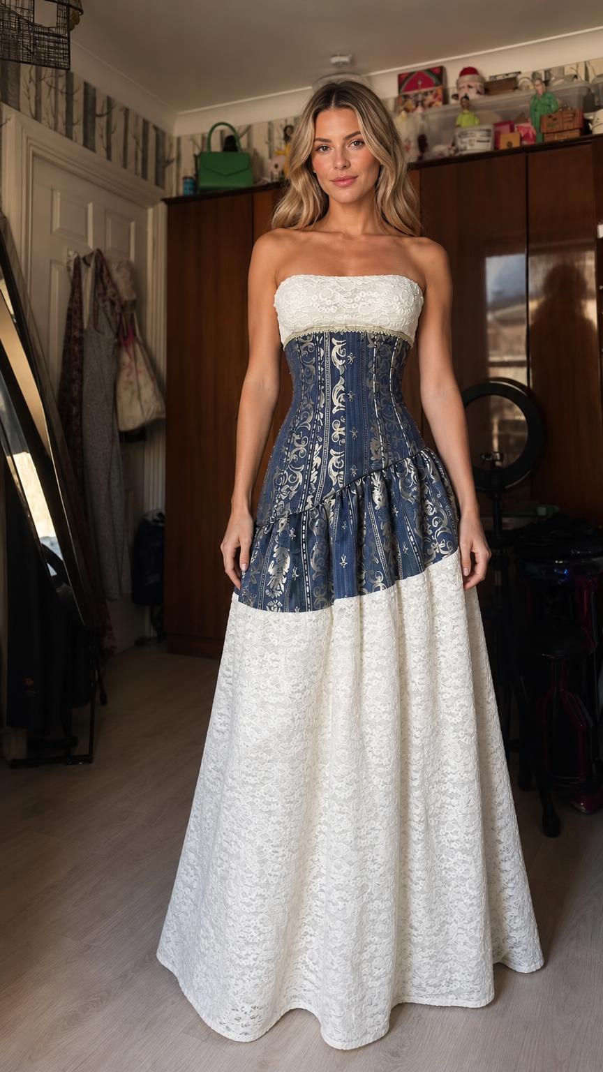 Front view of blue strapless colorblock corset maxi dress
