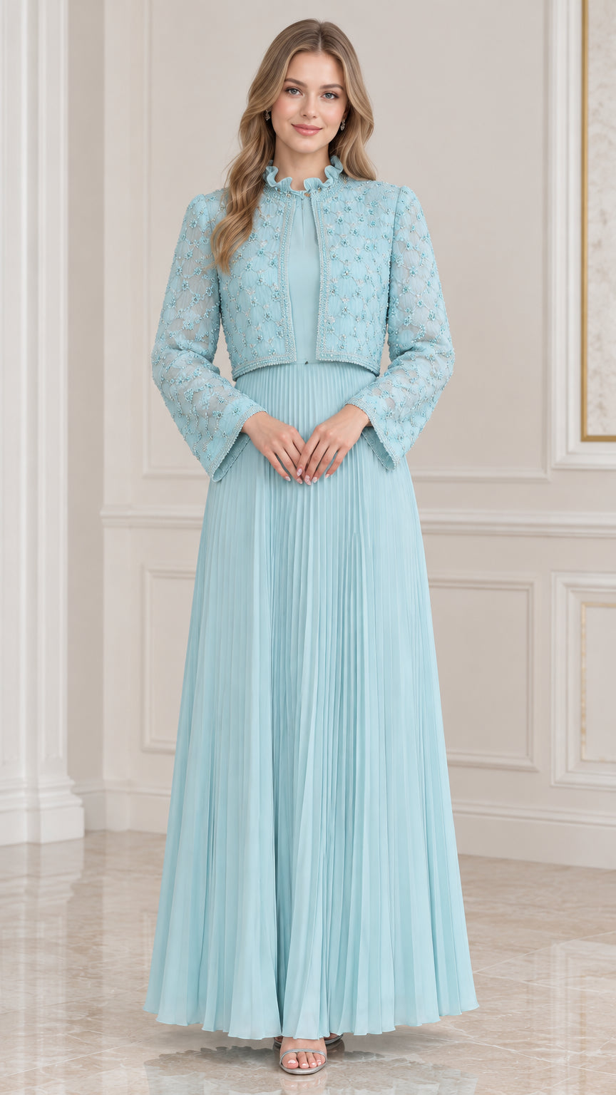 Full front view of elegant sky blue two-piece pleated maxi dress with matching beaded lace bolero jacket