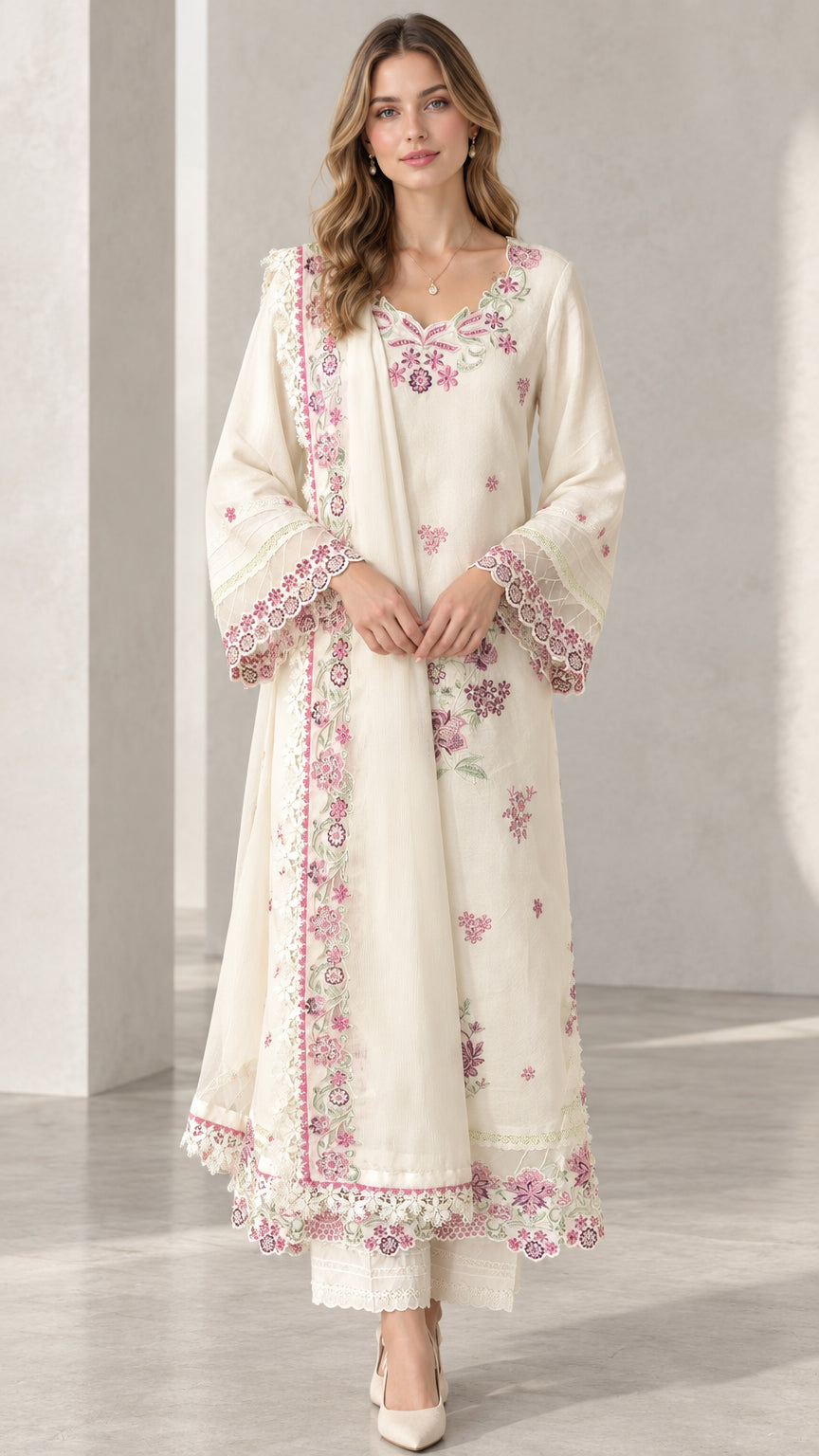Full front view of model wearing Cream floral embroidered 3-piece kurta set with dupatta