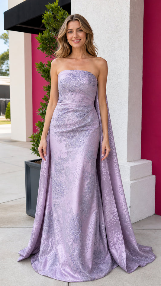 Front view of lavender strapless evening dress with cape