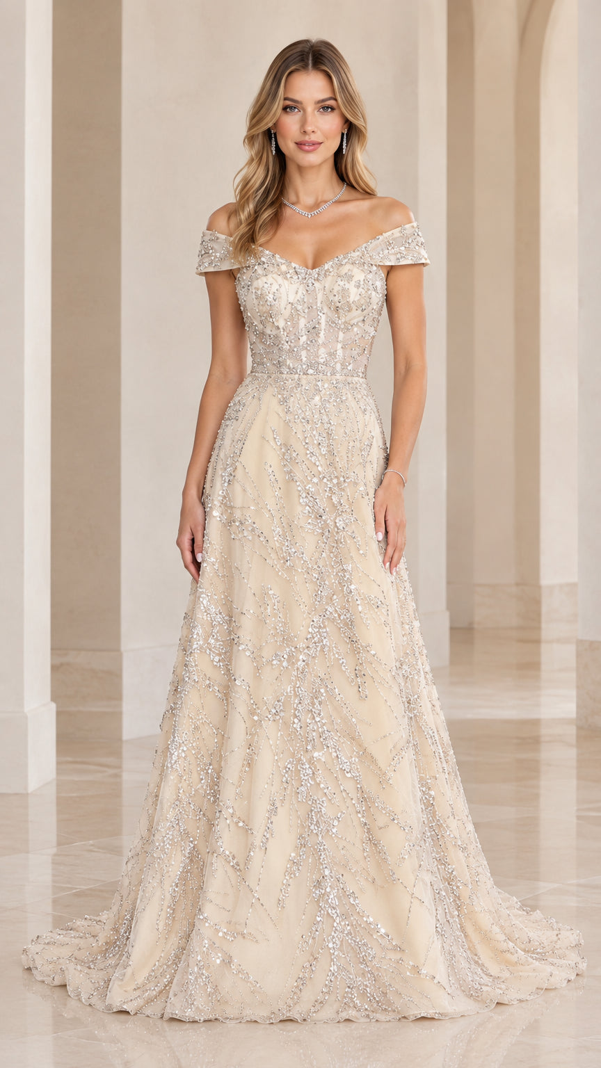 Front full view of woman wearing Champagne off-the-shoulder beaded A-line evening gown