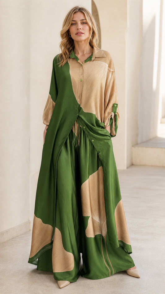 Front view of woman wearing green and beige two-piece shirt and wide-leg pants set
