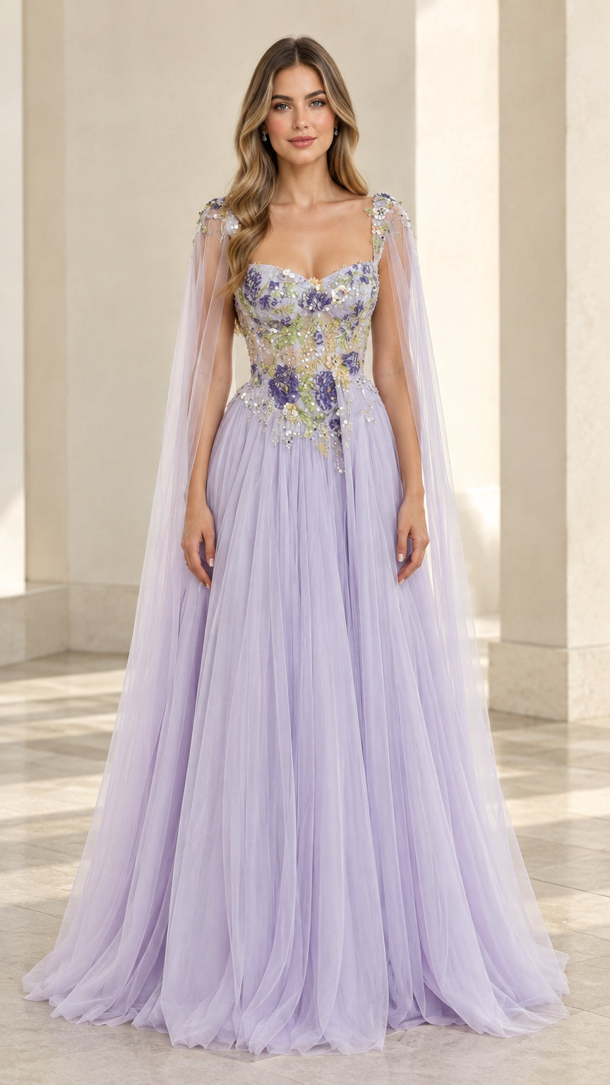 Full front view of lavender floral embroidered tulle evening gown with cape sleeves