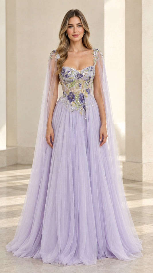 Full front view of lavender floral embroidered tulle evening gown with cape sleeves