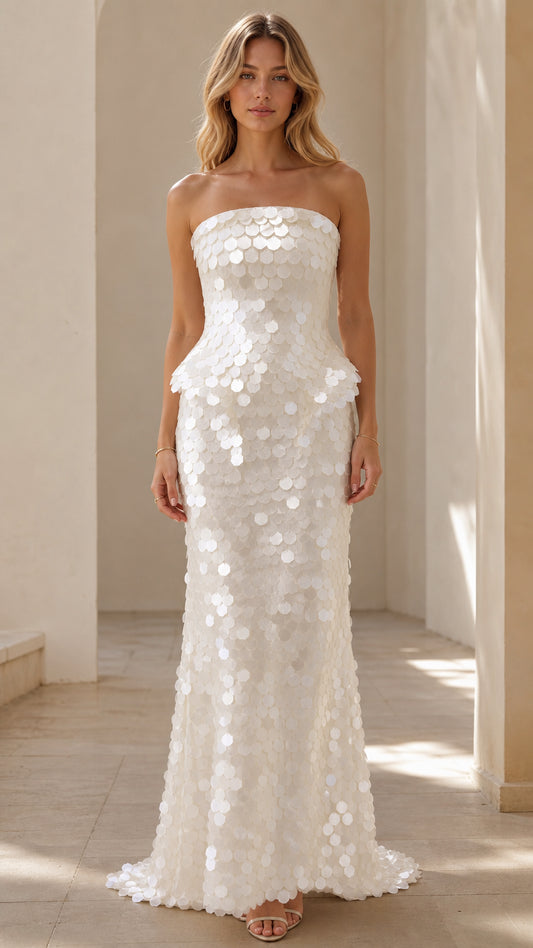 Front view of White strapless sequin peplum maxi dress