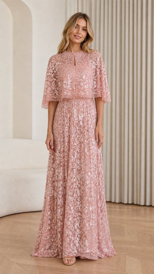 Front view of Dusty Rose sequin cape maxi dress on model
