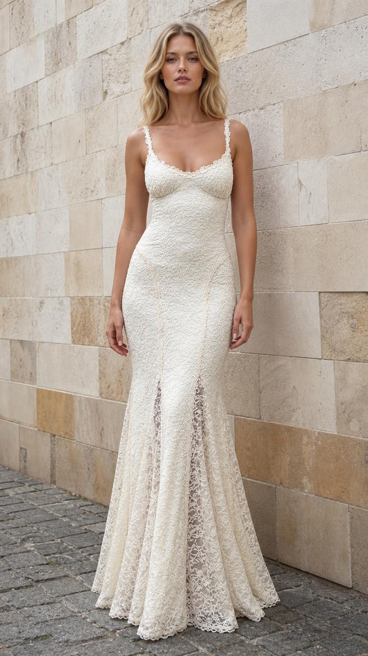 Front view of model wearing ivory lace mermaid maxi dress