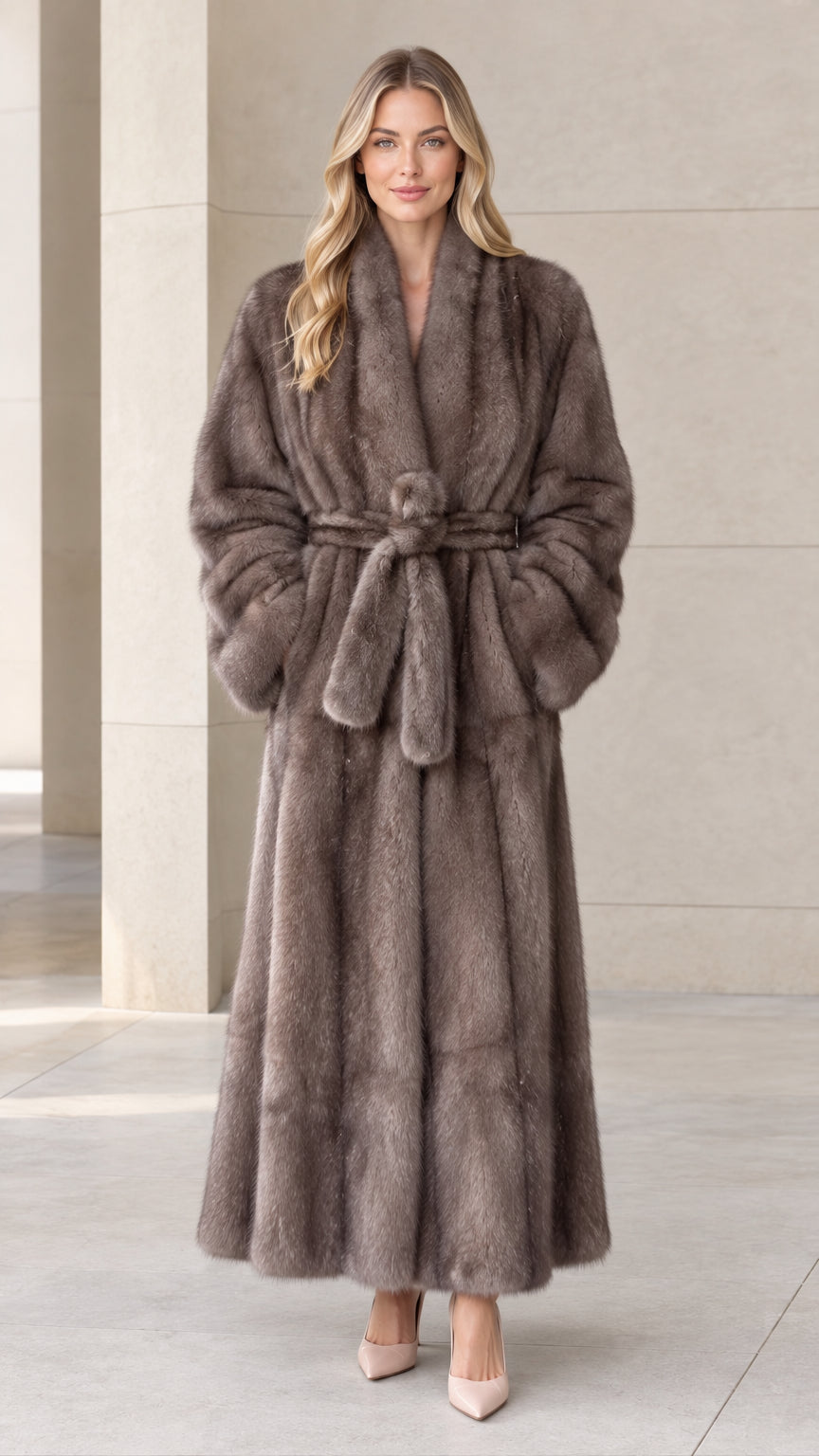 Front view of woman wearing taupe maxi faux fur wrap coat with tie belt