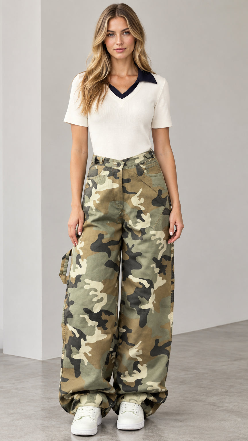 Front full-length view of woman wearing army green camo asymmetrical waist wide-leg cargo pants