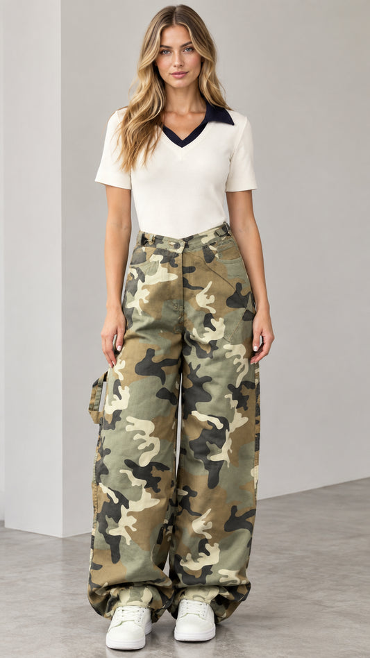 Front full-length view of woman wearing army green camo asymmetrical waist wide-leg cargo pants