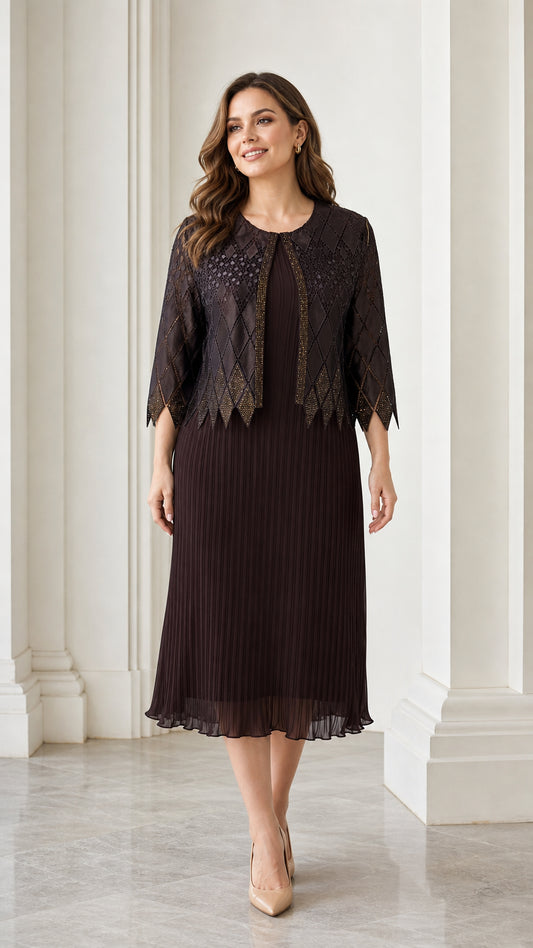 Front full view of dark brown pleated dress and matching jacket set