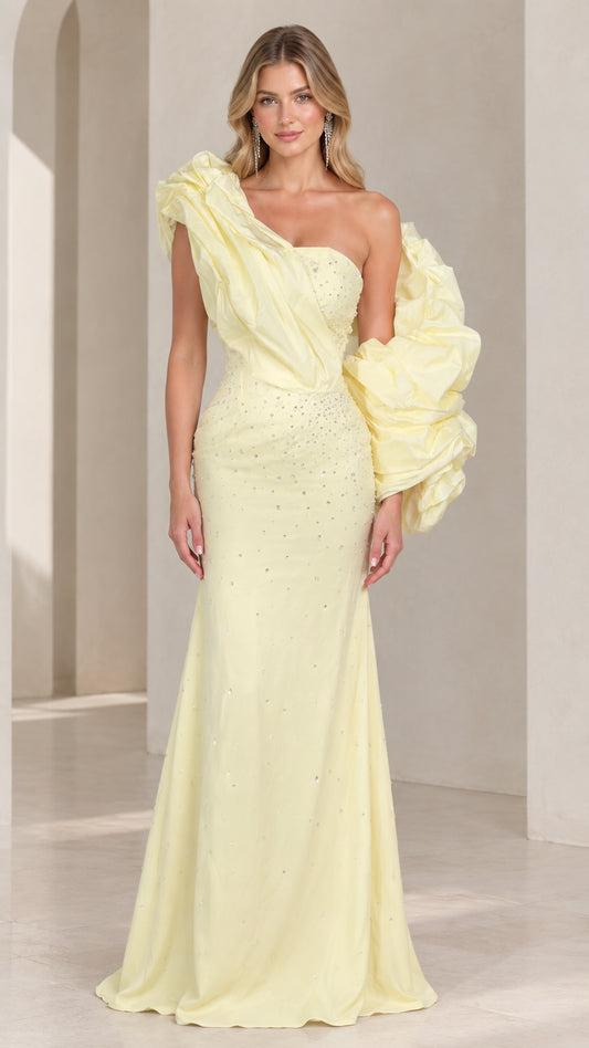 Light yellow one-shoulder floor-length evening gown with dramatic ruffled sleeve - front view