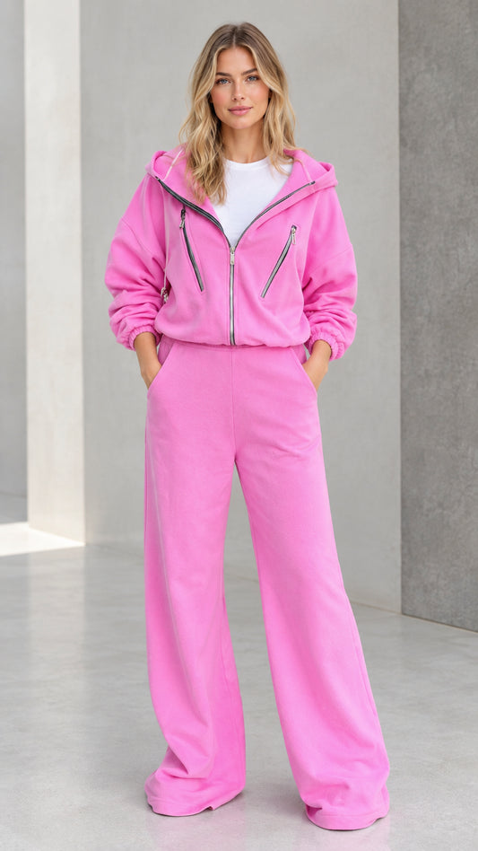 Women's pink zip-up hoodie and wide leg sweatpants two piece set front view
