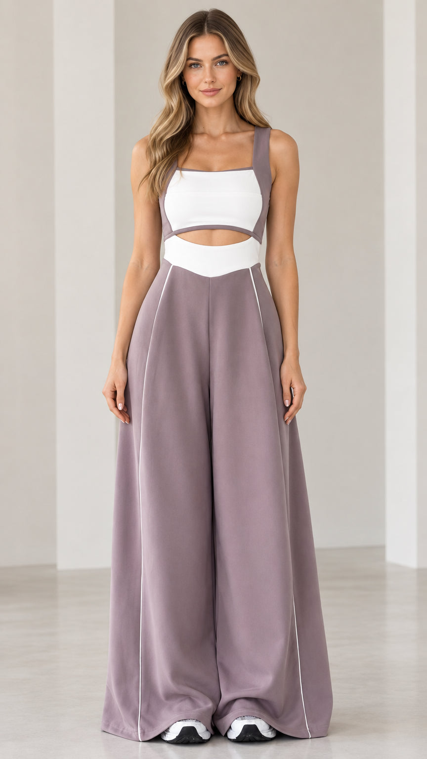 Front full-length view of woman wearing mauve colorblock cutout wide-leg jumpsuit