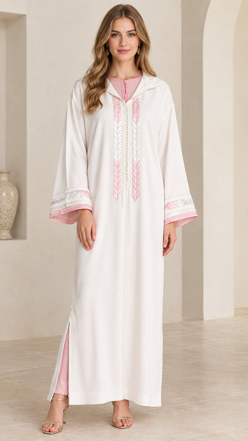 Full front view of women's white embroidered hooded Moroccan kaftan maxi dress