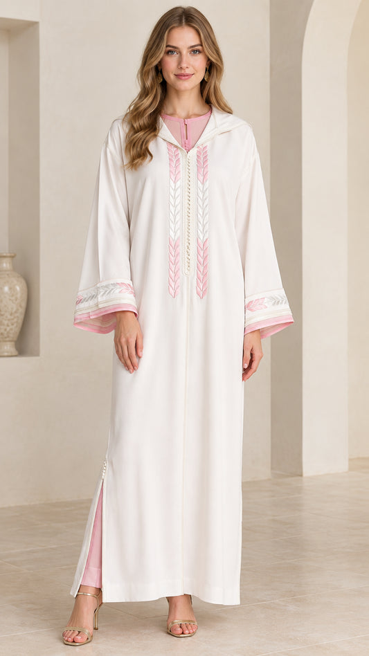 Full front view of women's white embroidered hooded Moroccan kaftan maxi dress