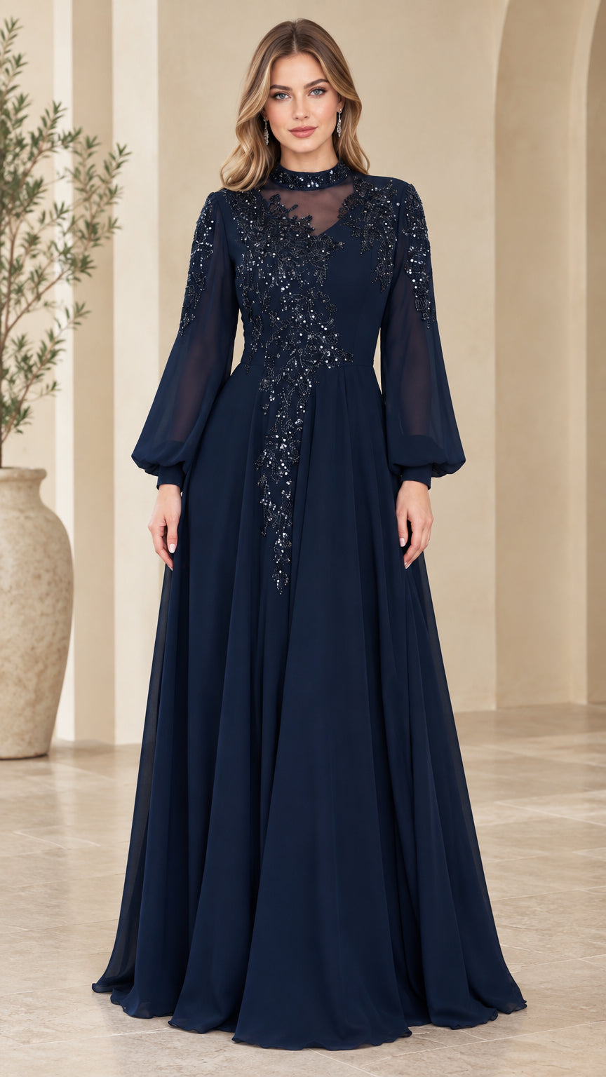 Front full-length view of navy blue sequin embroidered illusion neck maxi evening dress