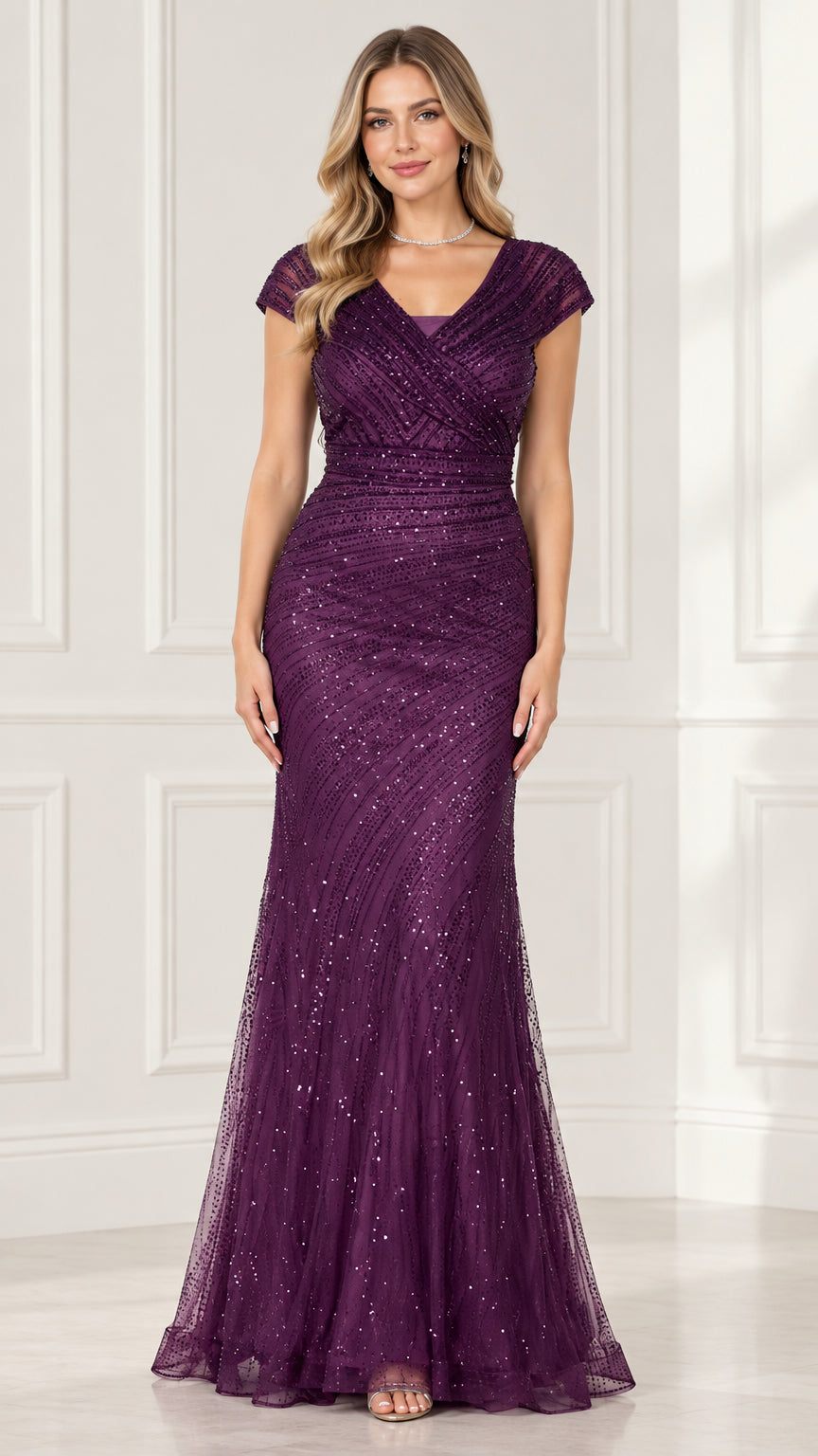 Front view of woman wearing plum glitter sequin mermaid evening gown with cap sleeves