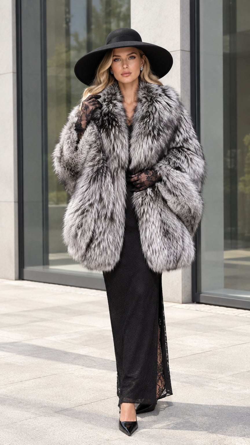 Full front view of model wearing Silver Grey plush faux fur cocoon coat with wide-brim hat and black evening gown