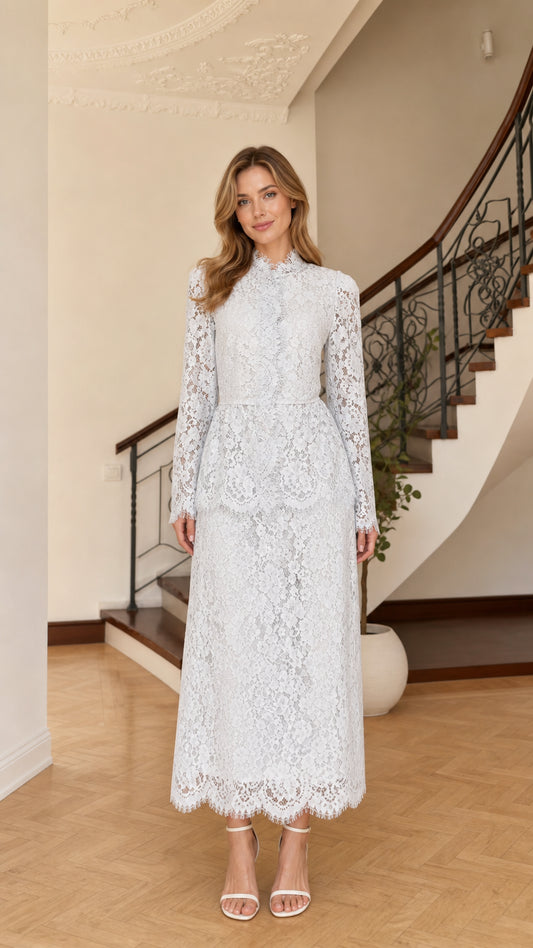 Ice blue long sleeve floral lace mock neck maxi dress front view