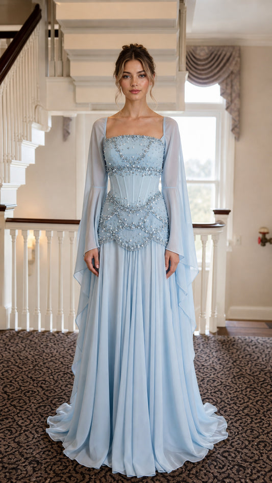Front view of Light Blue Ethereal Beaded Corset Long Sleeve Maxi Gown