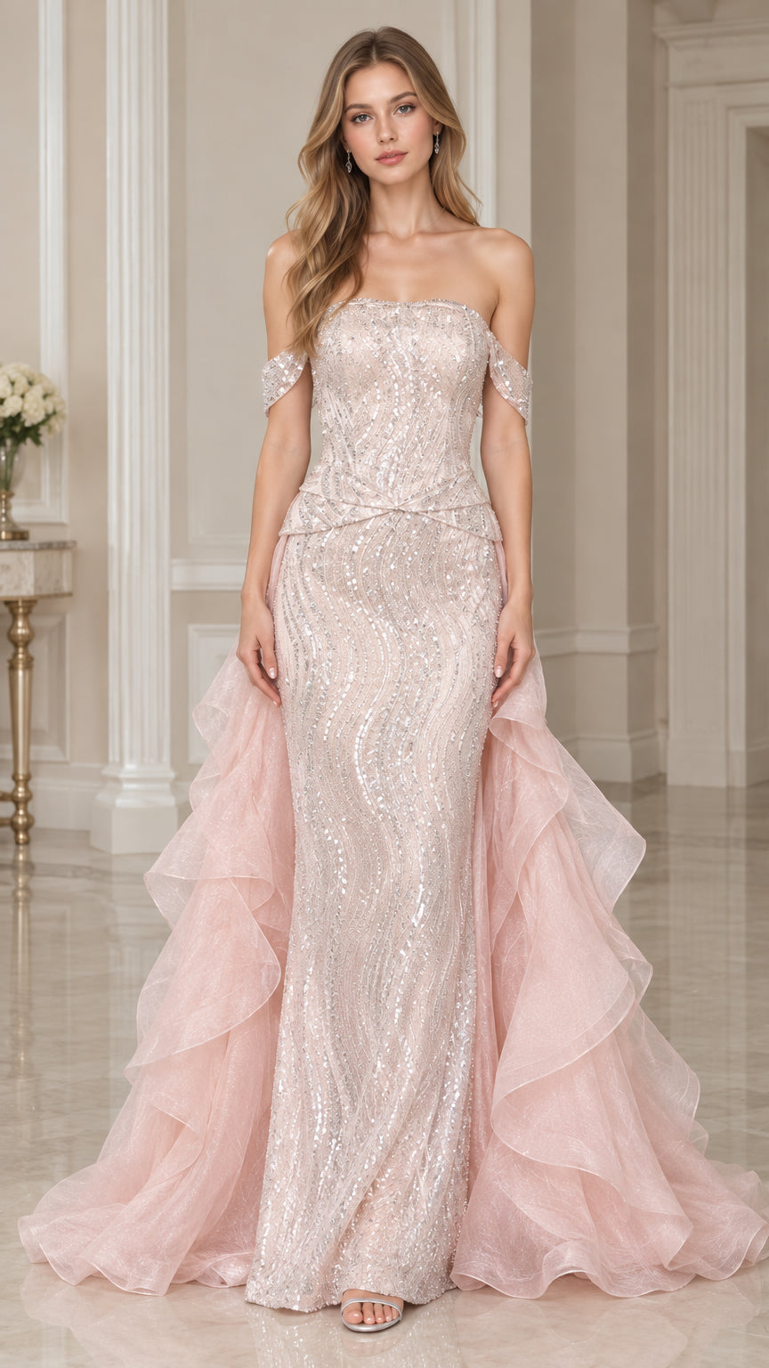 Front view of model wearing Blush Pink off-the-shoulder sequin mermaid gown with cascading side ruffles